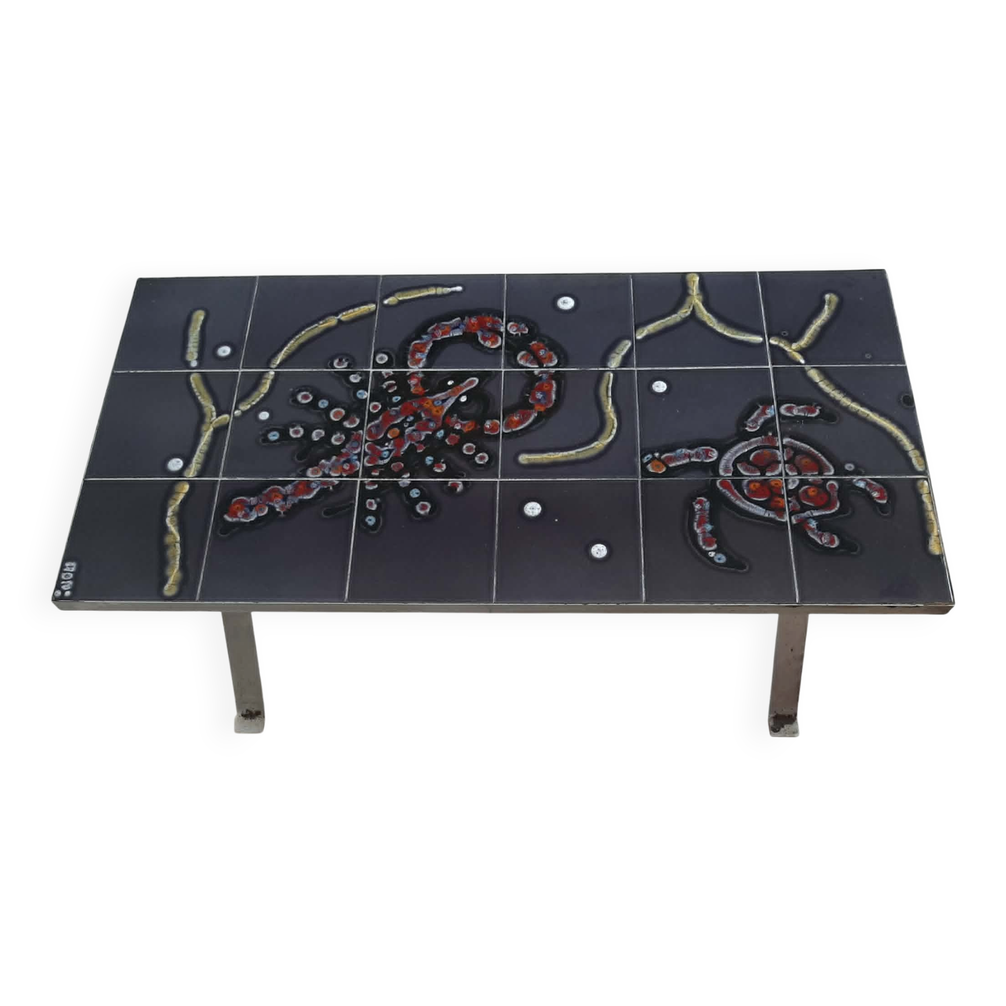 Small coffee table Vallauris ceramic with marine patterns, signed AONI.