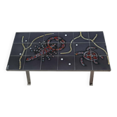 Small coffee table Vallauris ceramic with marine patterns, signed AONI.