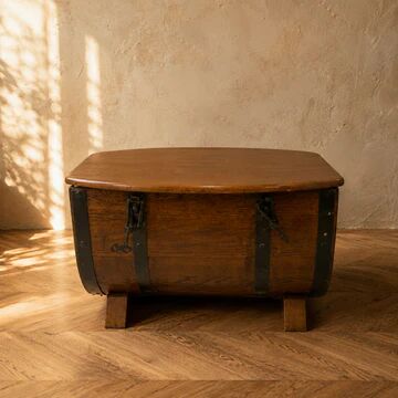 Oak barrel-shaped storage chest with black metal straps, 1930s-1940s.