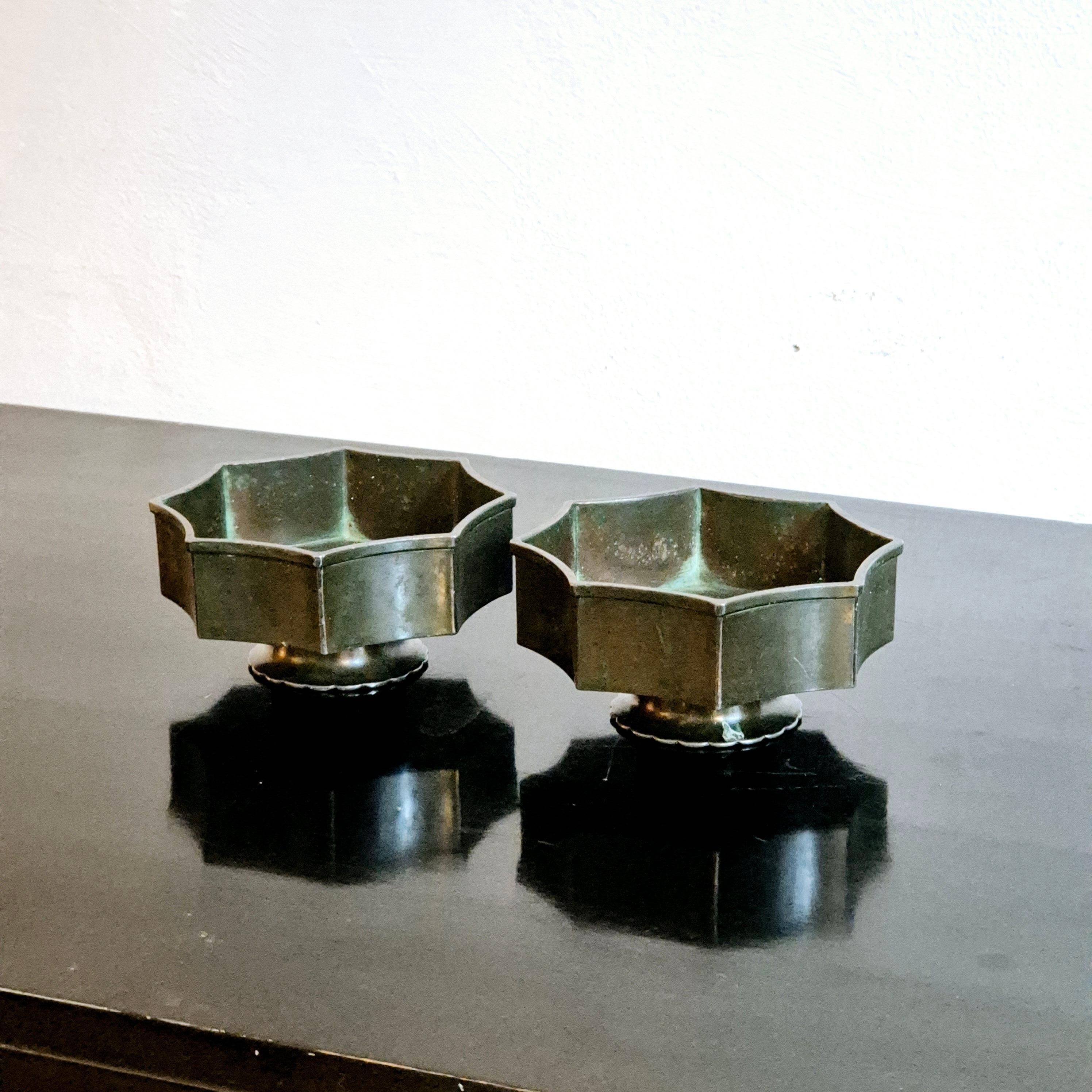 Pair of bowls/candle holders Just Andersen in metal Disko, Danish Grace