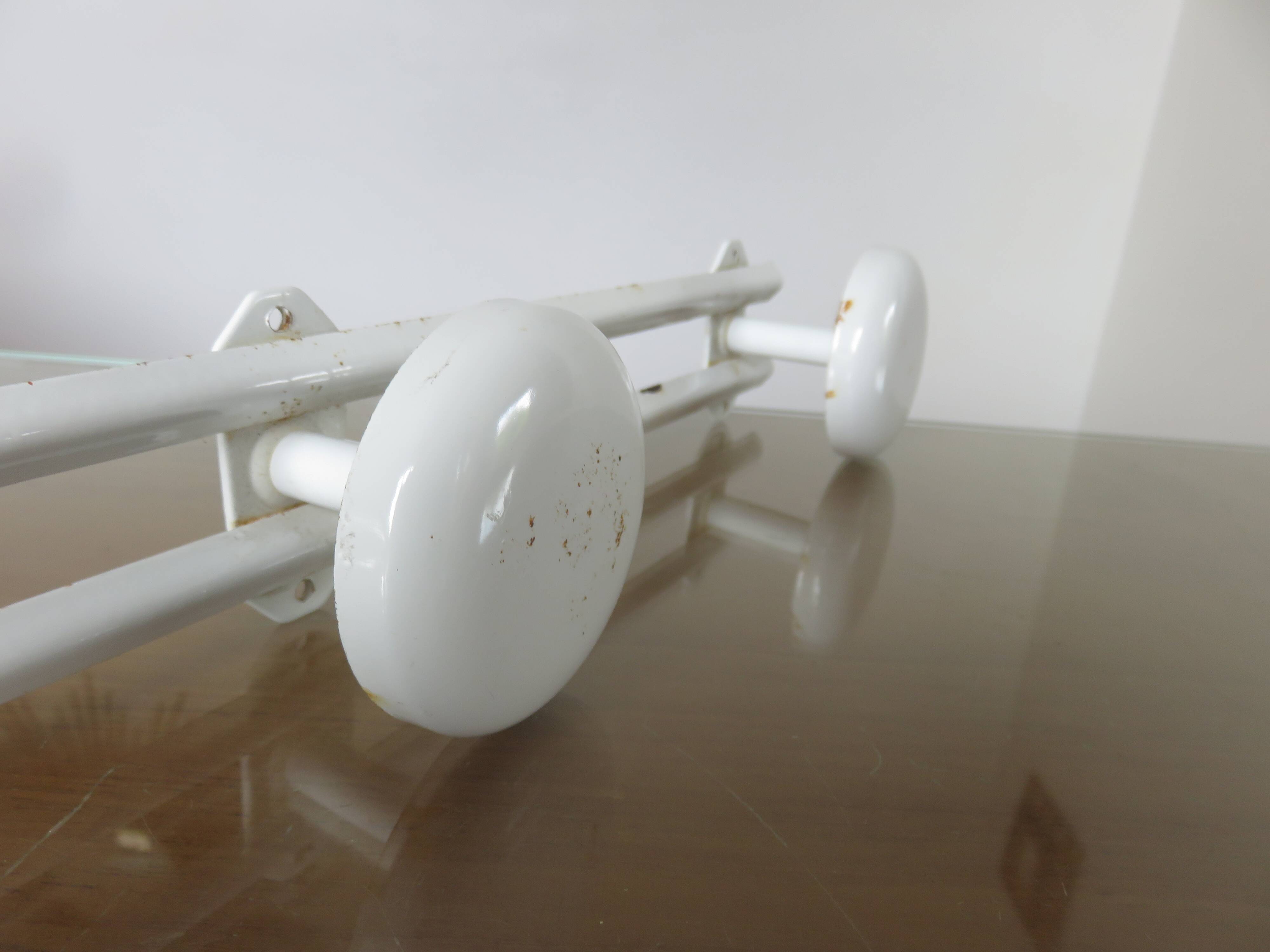 Wall coat rack with 4 hooks in white lacquered metal 1970