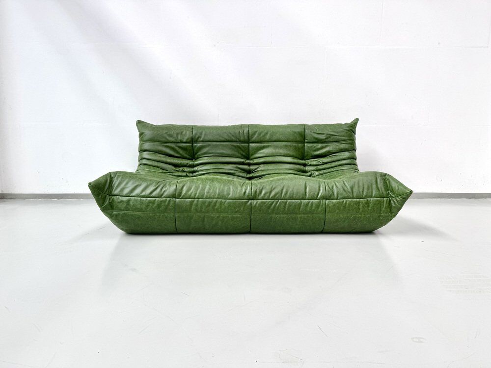 Togo 3-Sofa in Green leather attributed to Michel Ducaroy for Ligne Roset
