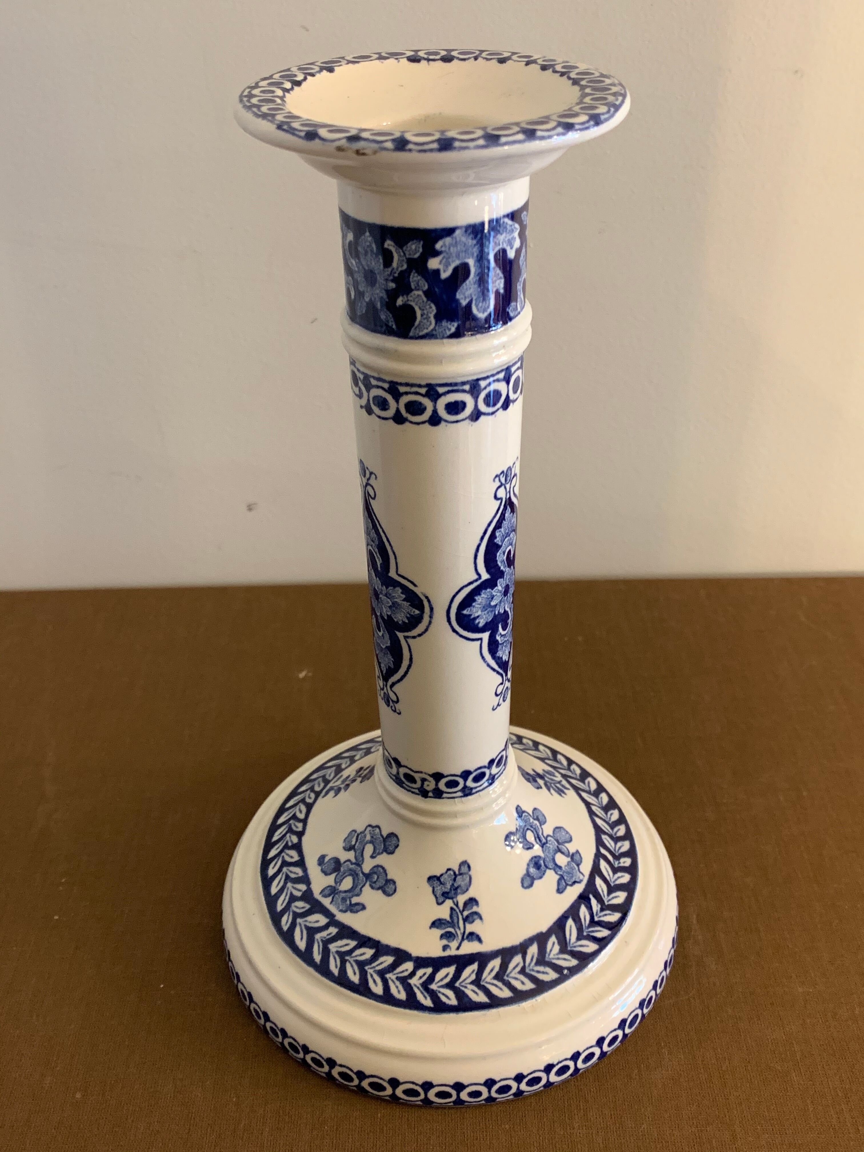 Pair of old candlesticks in blue and white earthenware Gien 1950