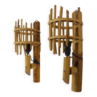 Pair of rattan bamboo lantern wall lights. 1950s-1960s