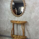 Ensemble miroir et console en bambou et rotin