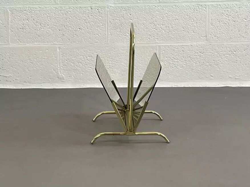 Vintage magazine rack in smoked glass and brass.