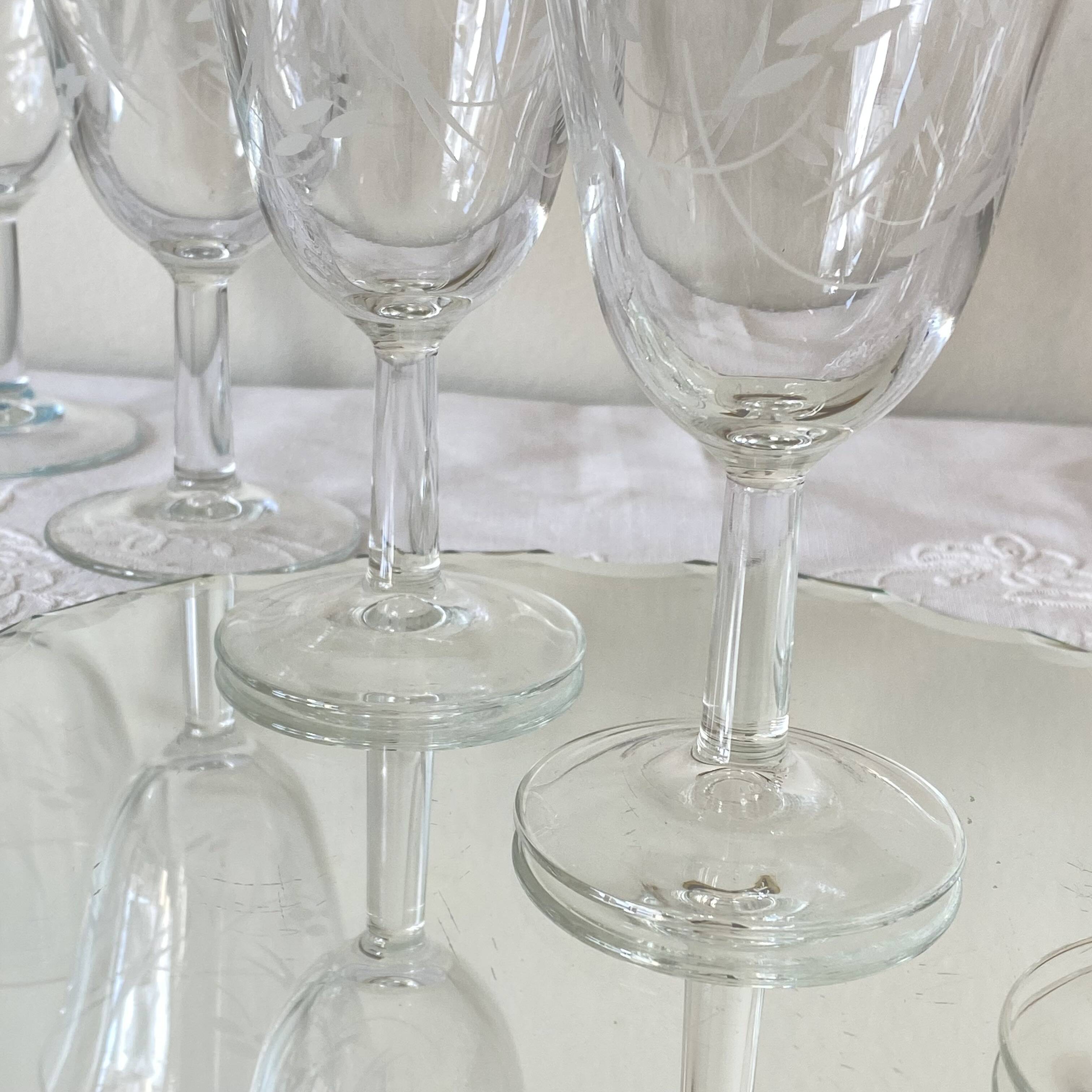 6 antique engraved stemmed glasses with stylised flowers, for wine or water.