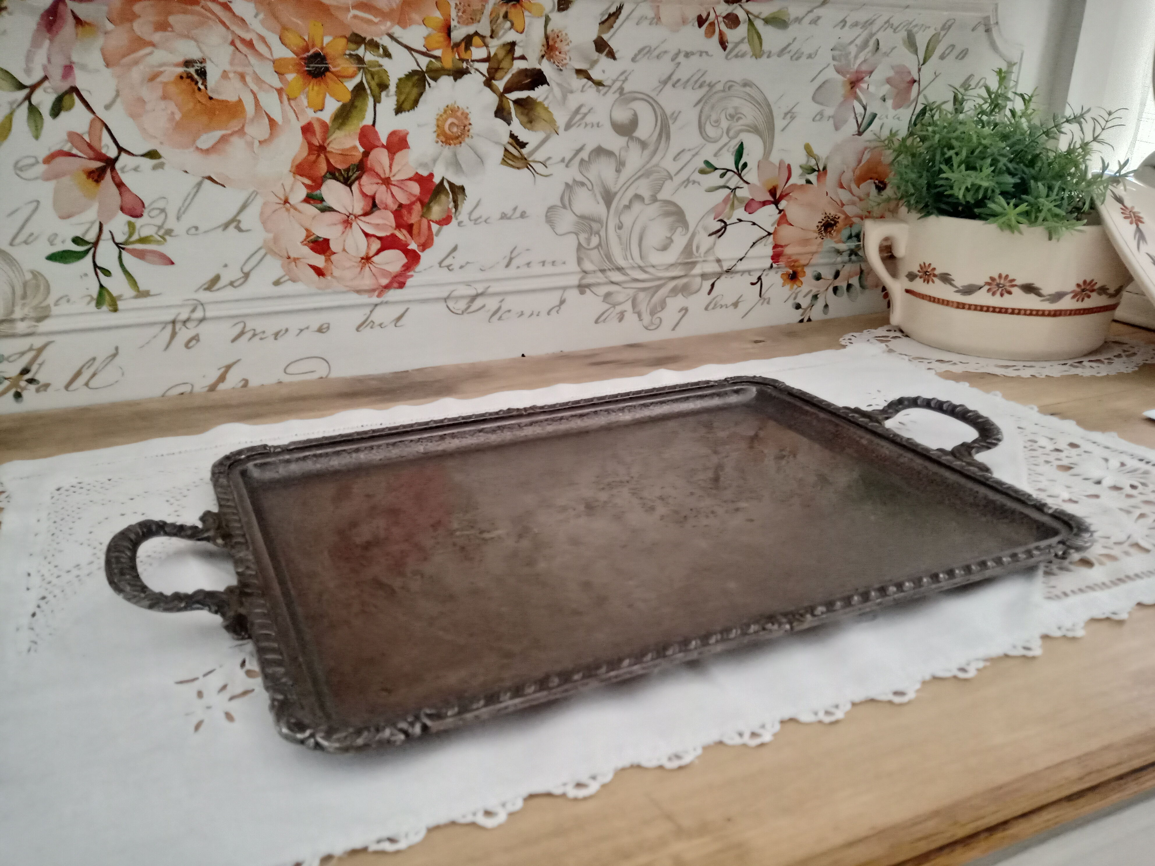 Rectangular silver metal tray 2 handles, decorative frieze