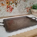 Rectangular silver metal tray 2 handles, decorative frieze