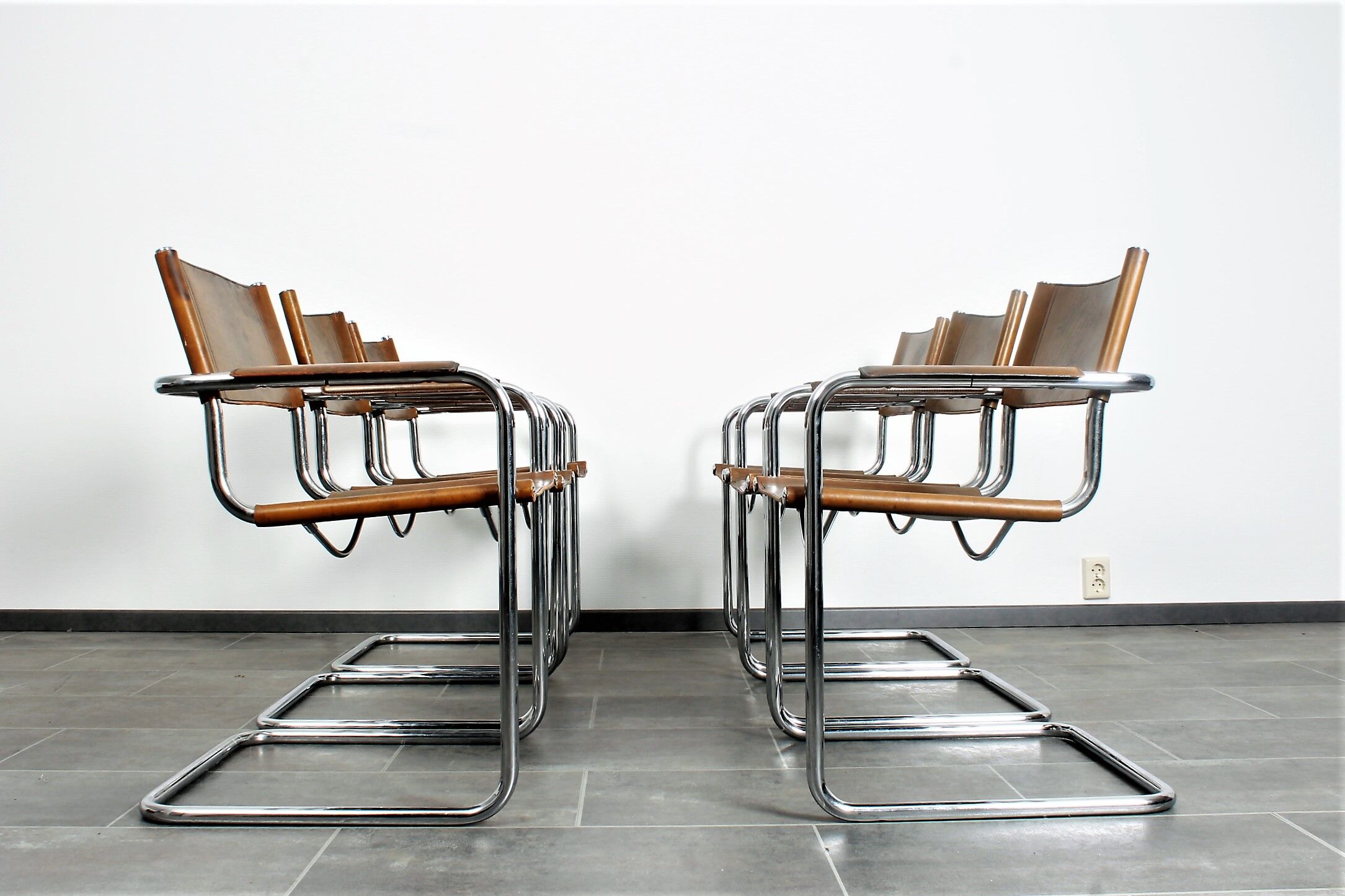 Set of six brown leather cantilever chairs Mart Stam