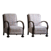 Paire de chaises longues danoises Art déco, chêne et tissu floral vibrant, années 1940