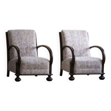 Paire de chaises longues danoises Art déco, chêne et tissu floral vibrant, années 1940