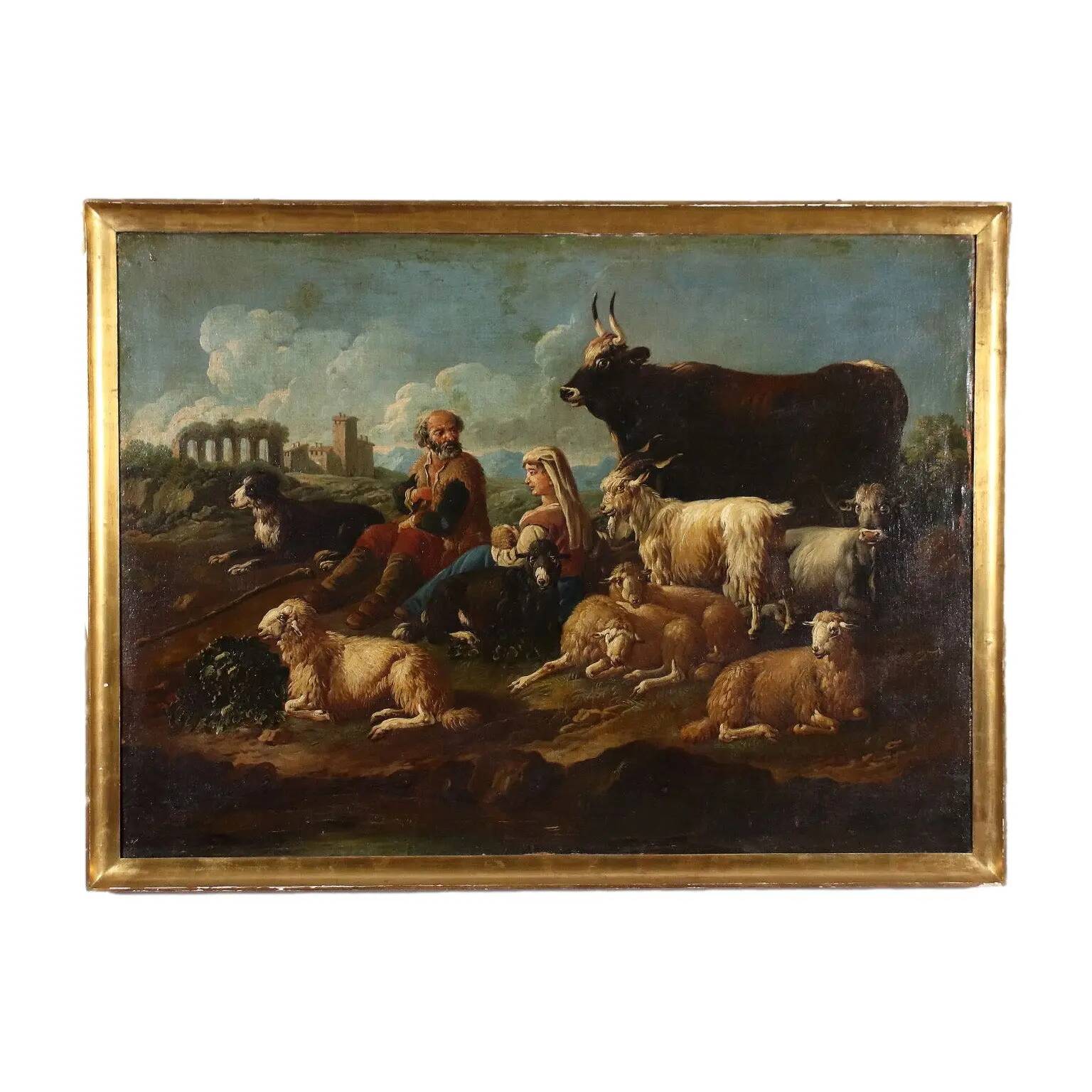 Old painting of a landscape with shepherds, oil on canvas, 17th century.