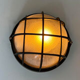 Vintage wall lamp, black metal and ridged glass, France 1980.
