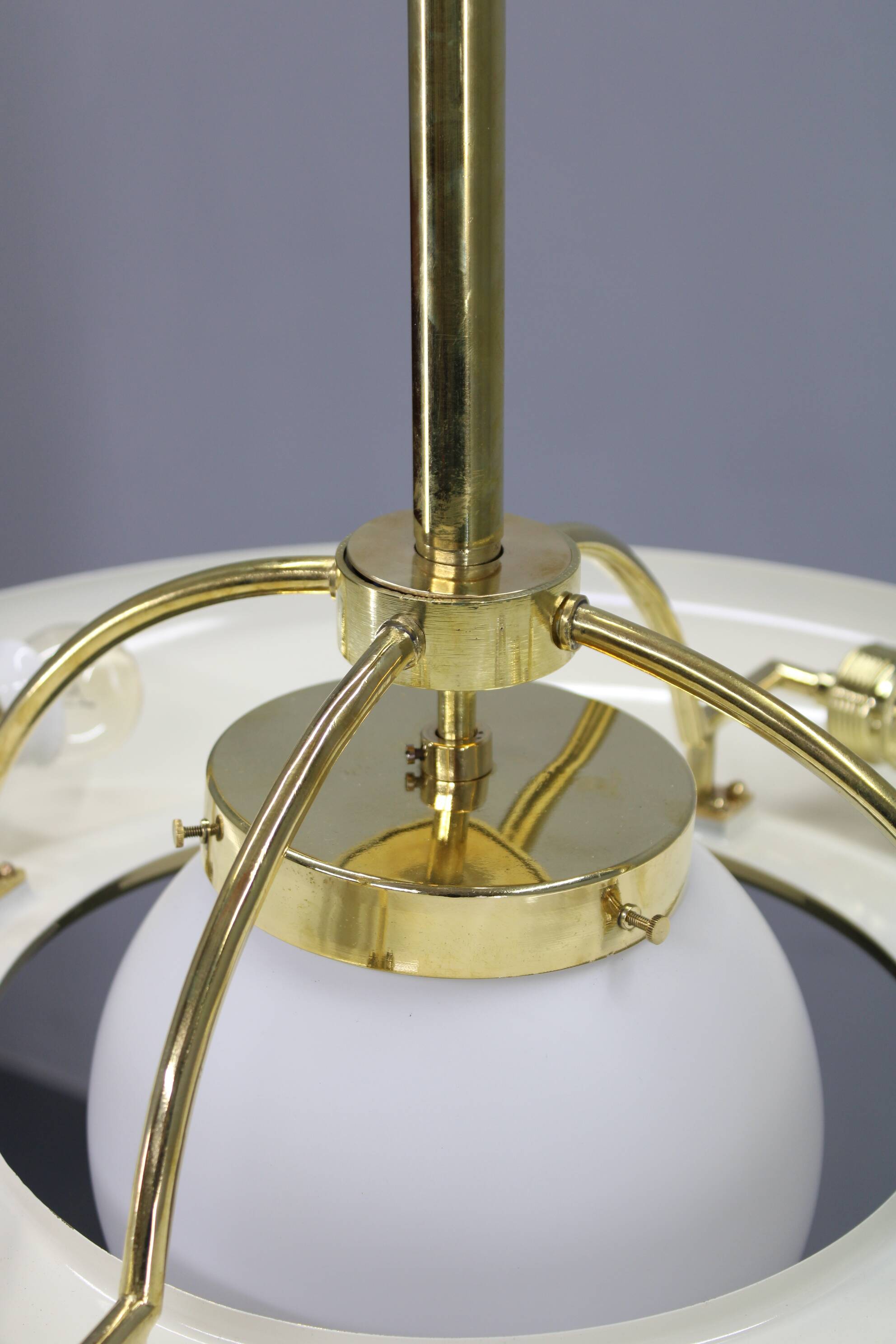 Art Deco brass chandelier with white glass, Czechoslovakia 1930s