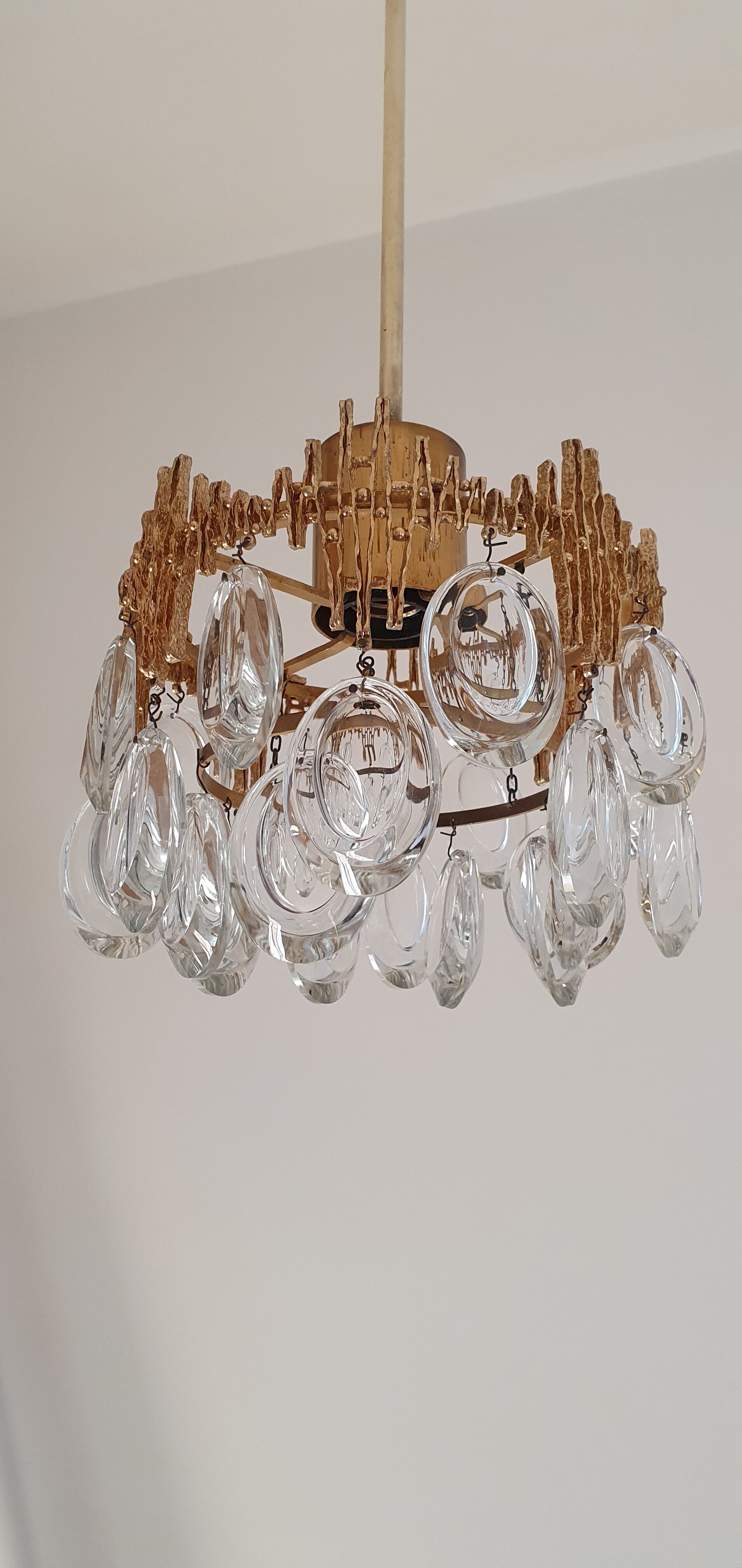 Small brass brutalist chandelier with crystal stamps