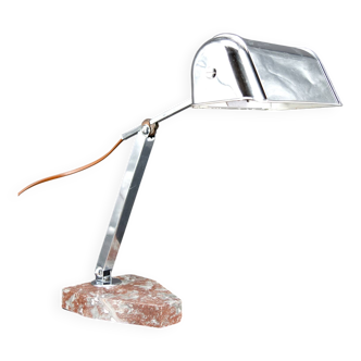 Large Desk Lamp, Chrome, Aluminum and Marble, Modernist Art Deco