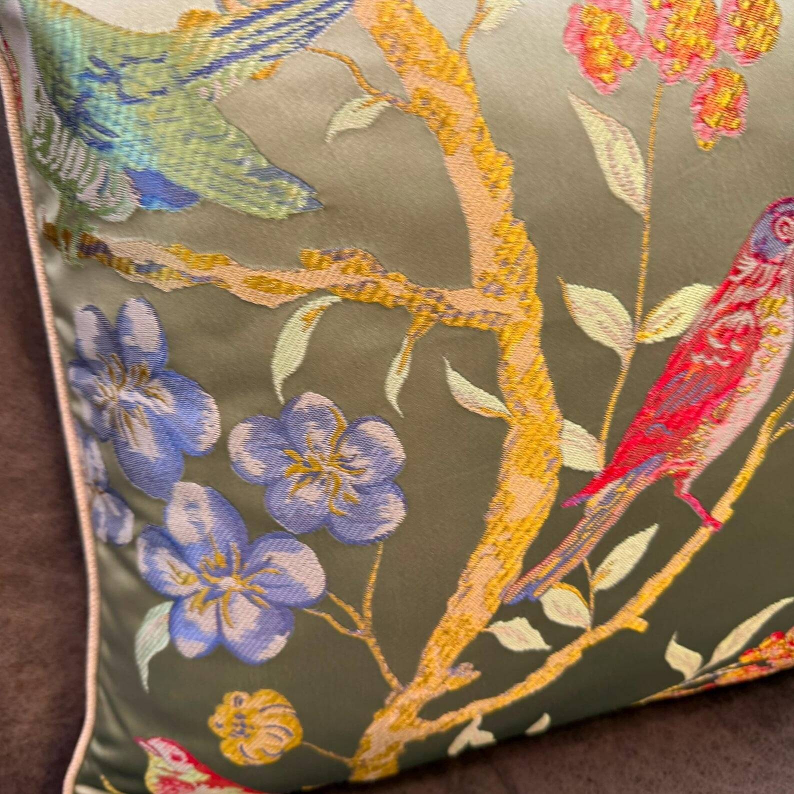 Chinoiserie Bird Cushion Cover, Cream Piped Silk Botanical Pillow
