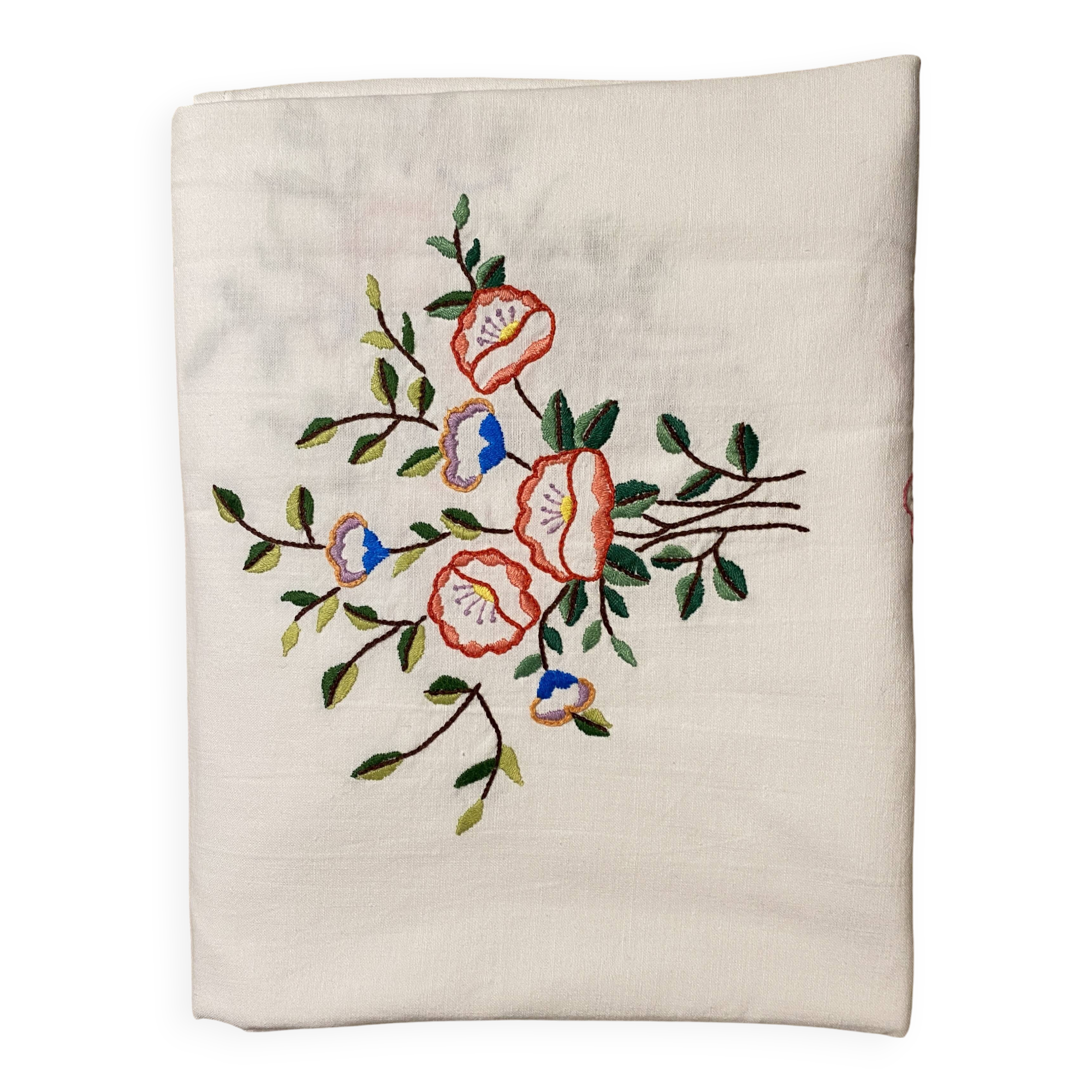 Antique hand embroidered oval tablecloth, floral pattern - 200x150 cm - cotton