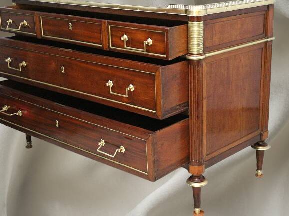 Louis XVI Officer's Chest of Drawers, 19th (19th) Century, Mahogany & Marble