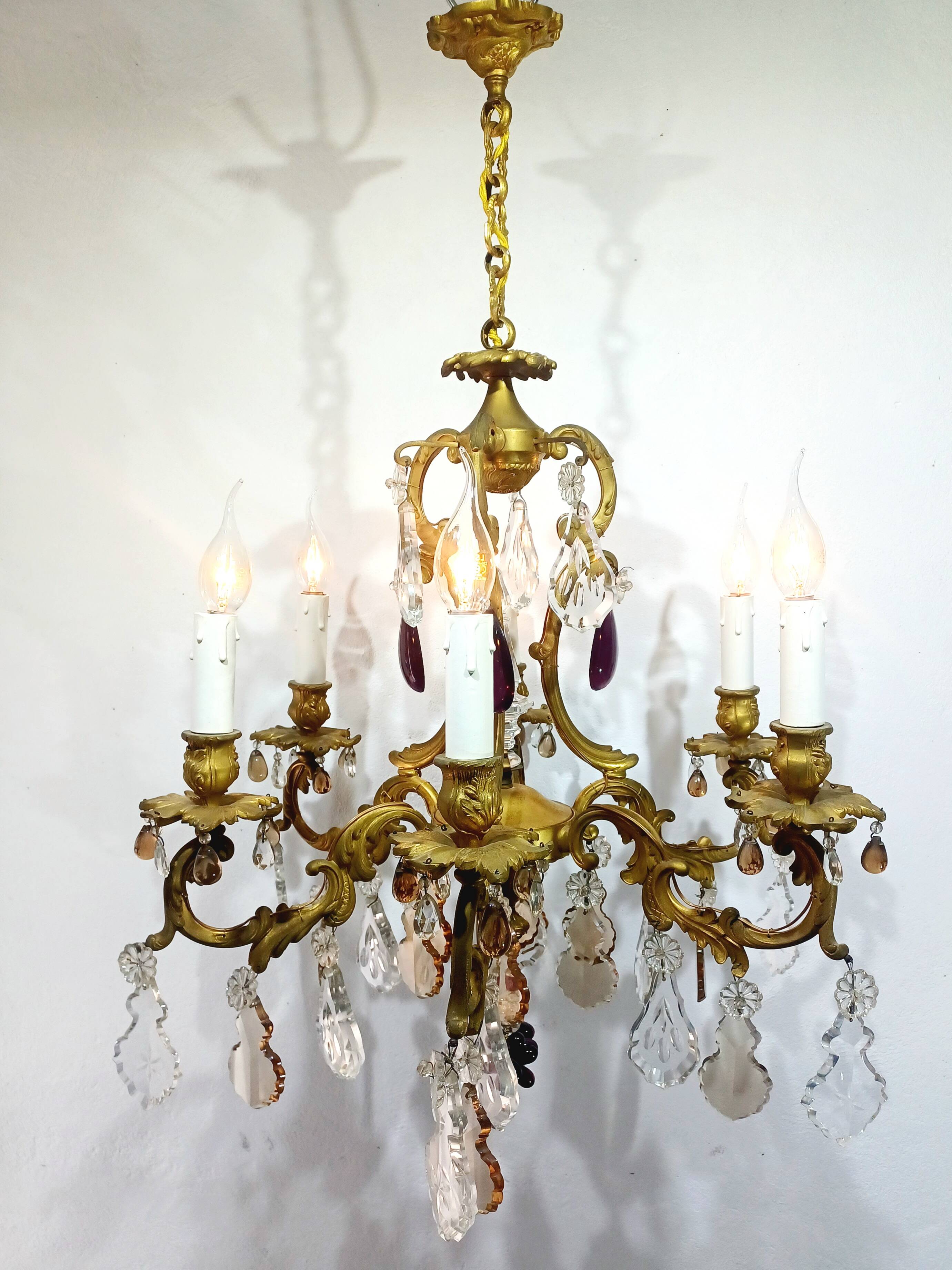 6-light bronze and crystal chandelier