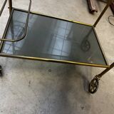 Vintage 70s serving trolley in gold metal and smoked glass