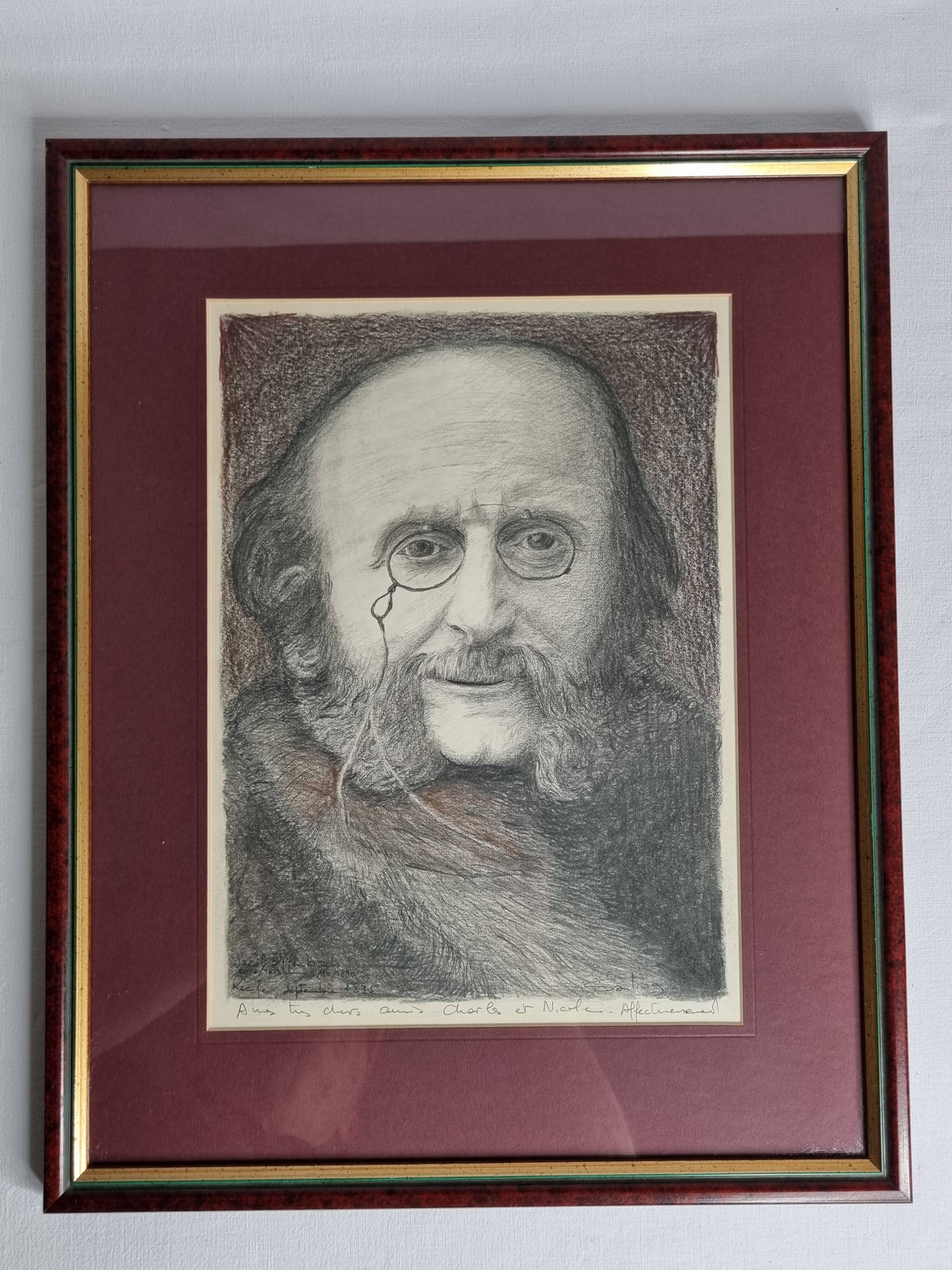 Portrait of Jacques Offenbach inspired by a photograph by Nadar, Framed and signed, 34 x 43 cm
