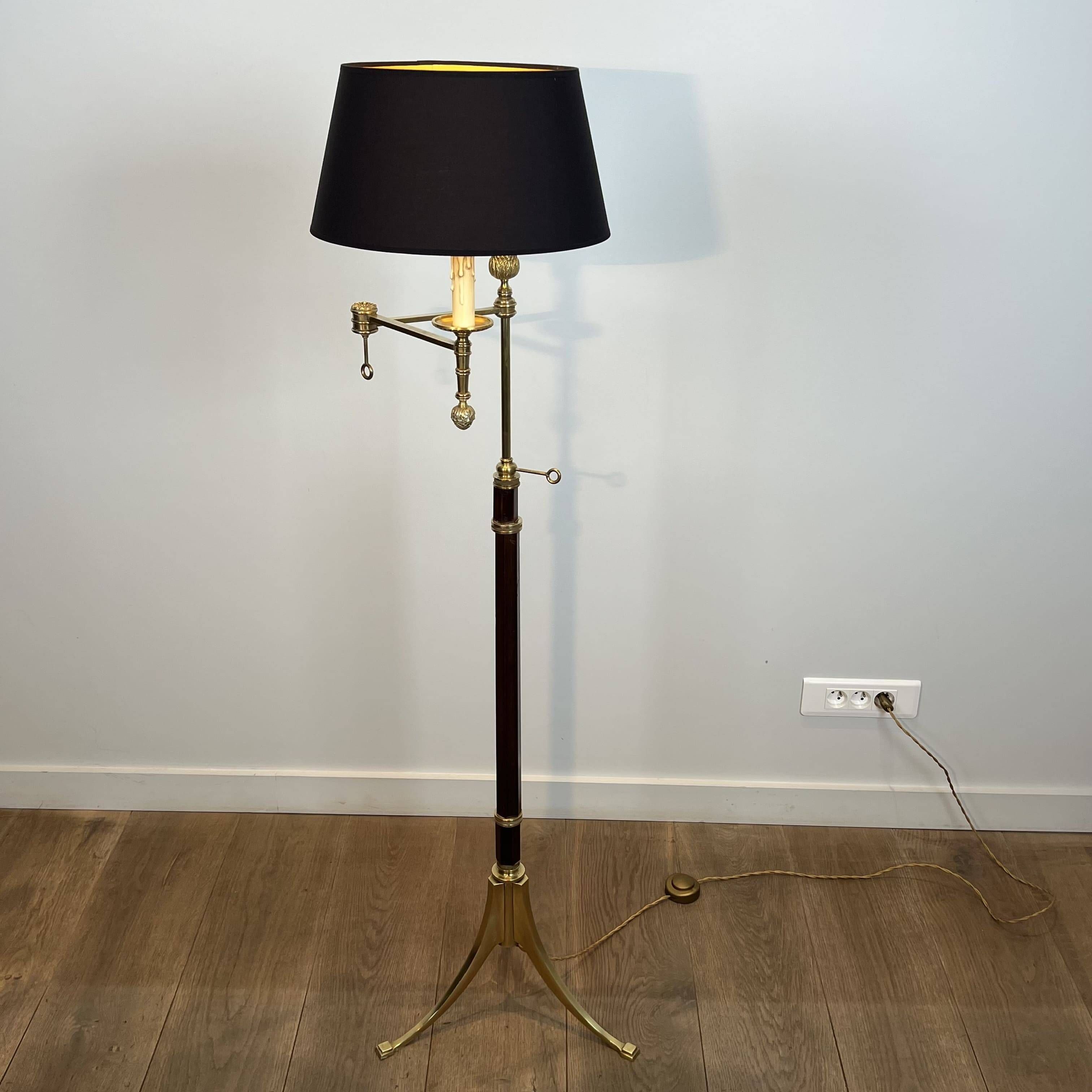 Reading Lamp in Mahogany and Gold Brass with Articulated Arm and Tripod Base
