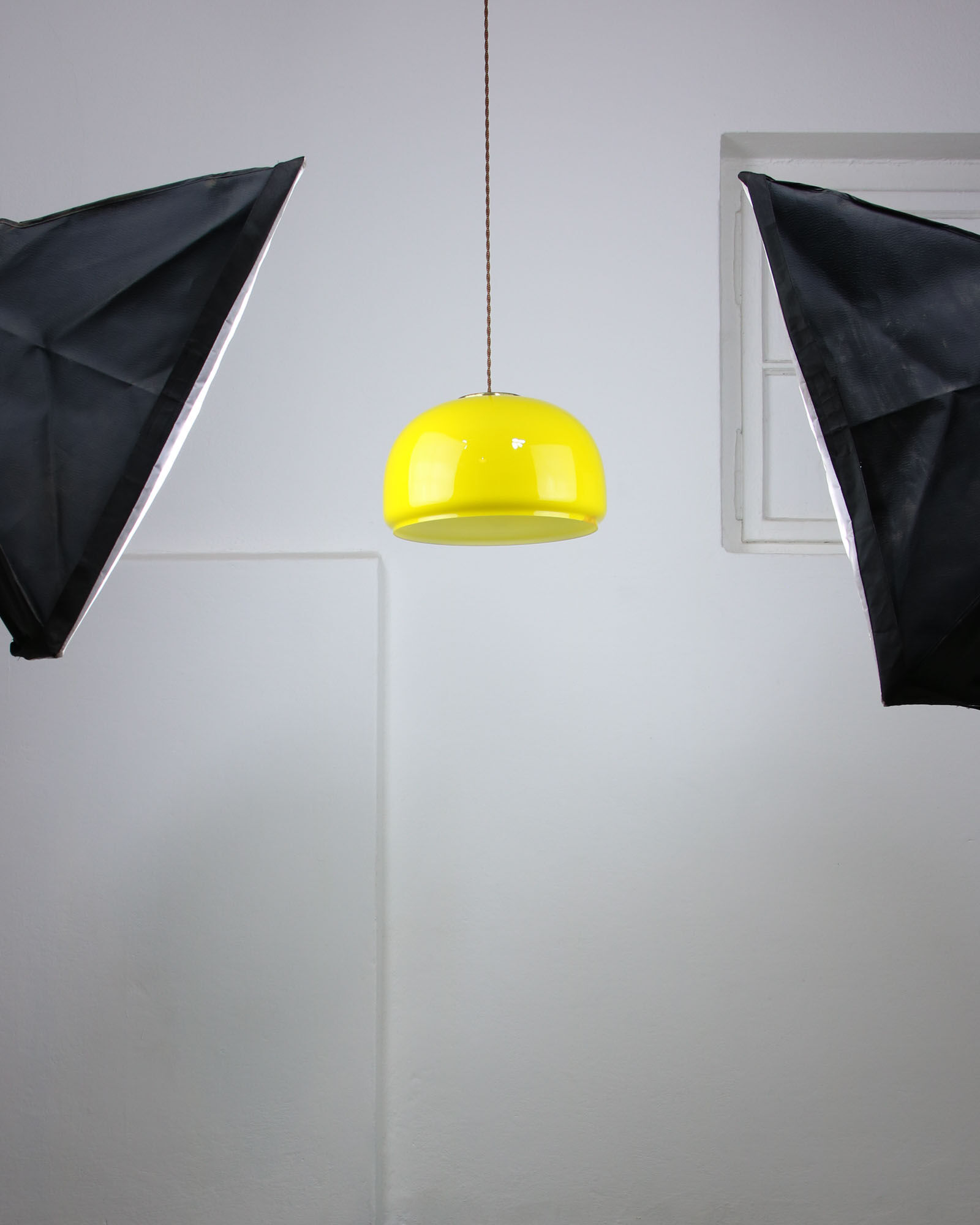 Mid-century Yellow Glass & Brass Pendant Lamp