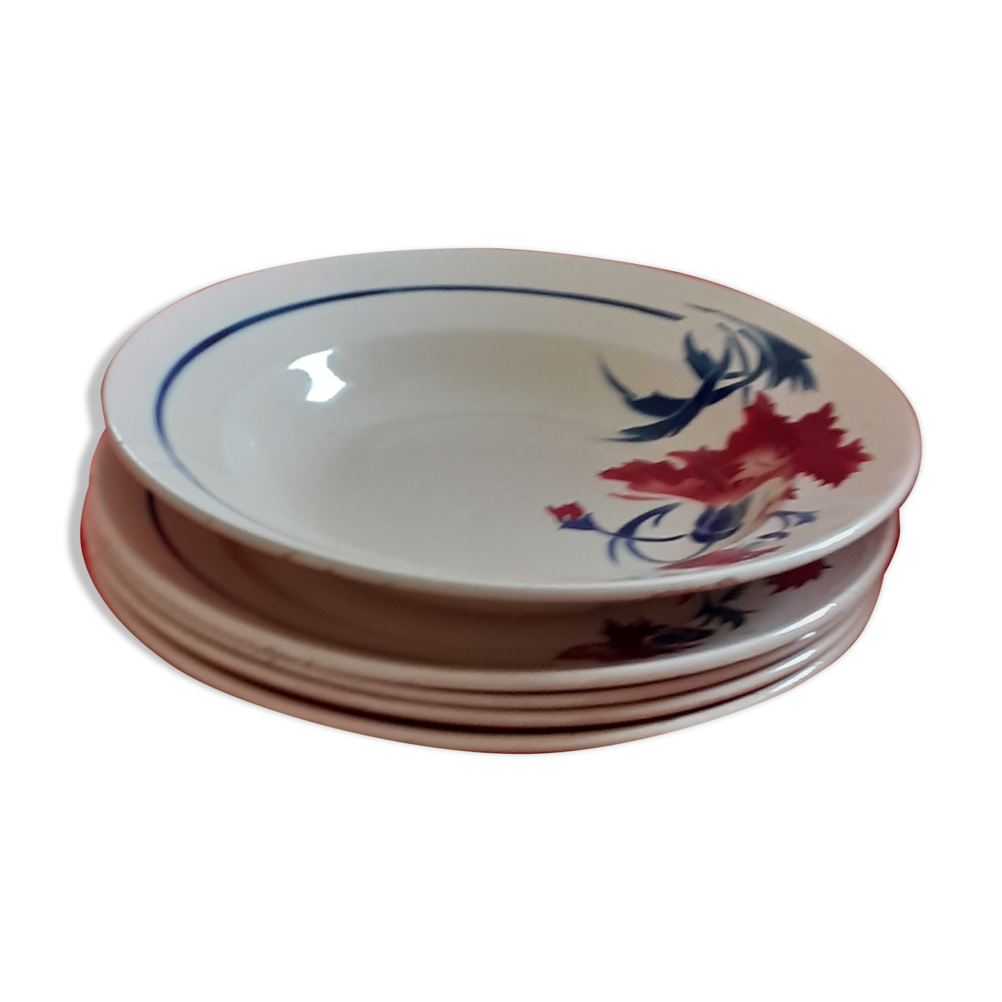 5 assiettes beige à décor de fleurs rouges, années 50