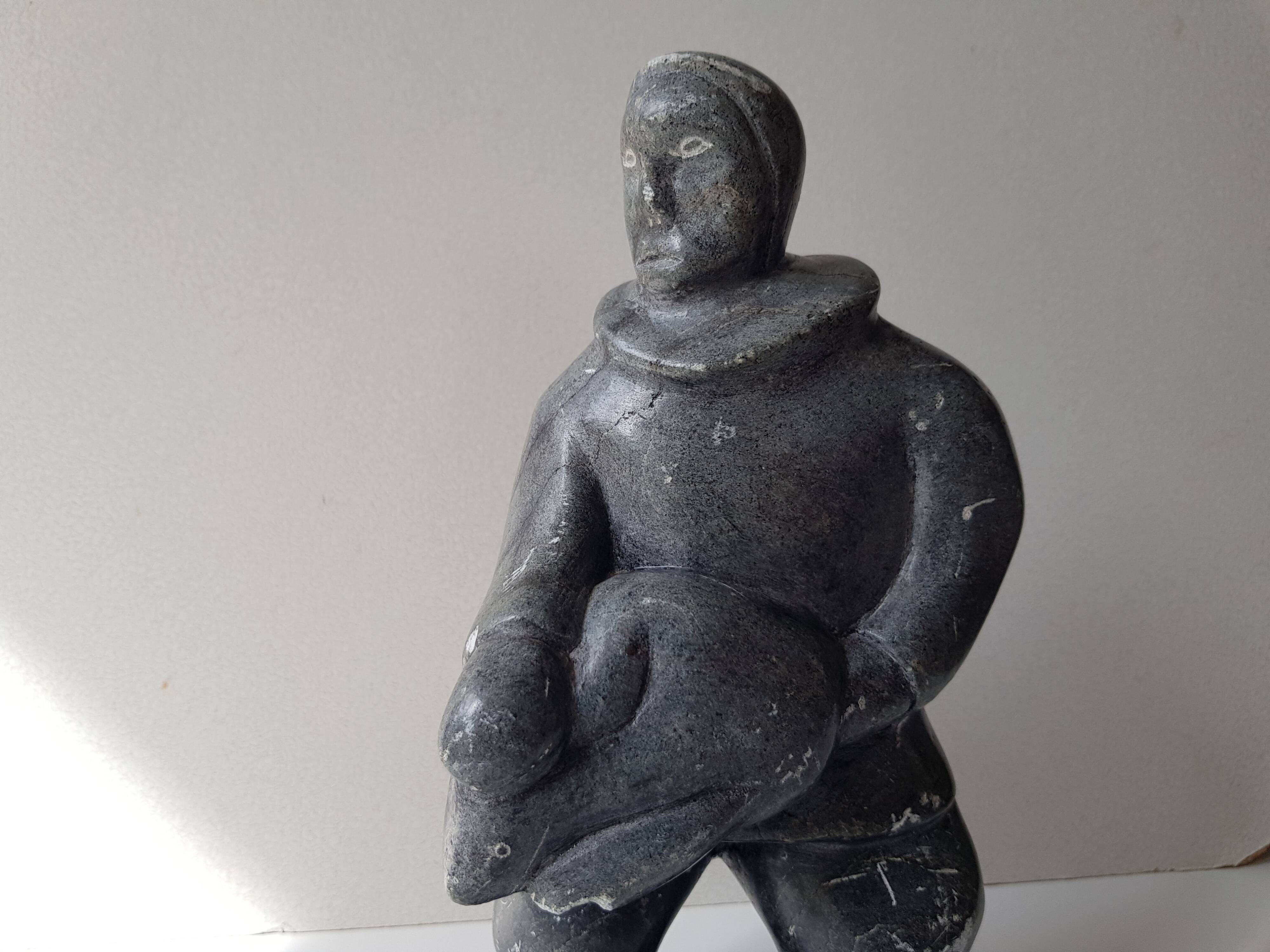 Inuit Art Soapstone Sculpture Eskimo Hunter/Fisherman Signed. 1960s