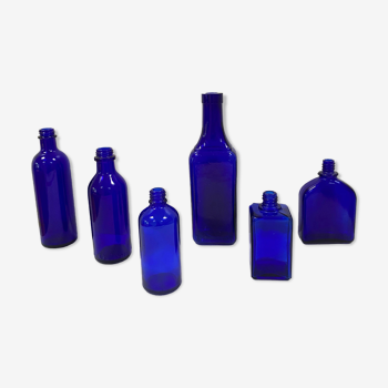 Set of 6 cobalt blue glass pharmacy bottles