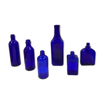 Set of 6 cobalt blue glass pharmacy bottles