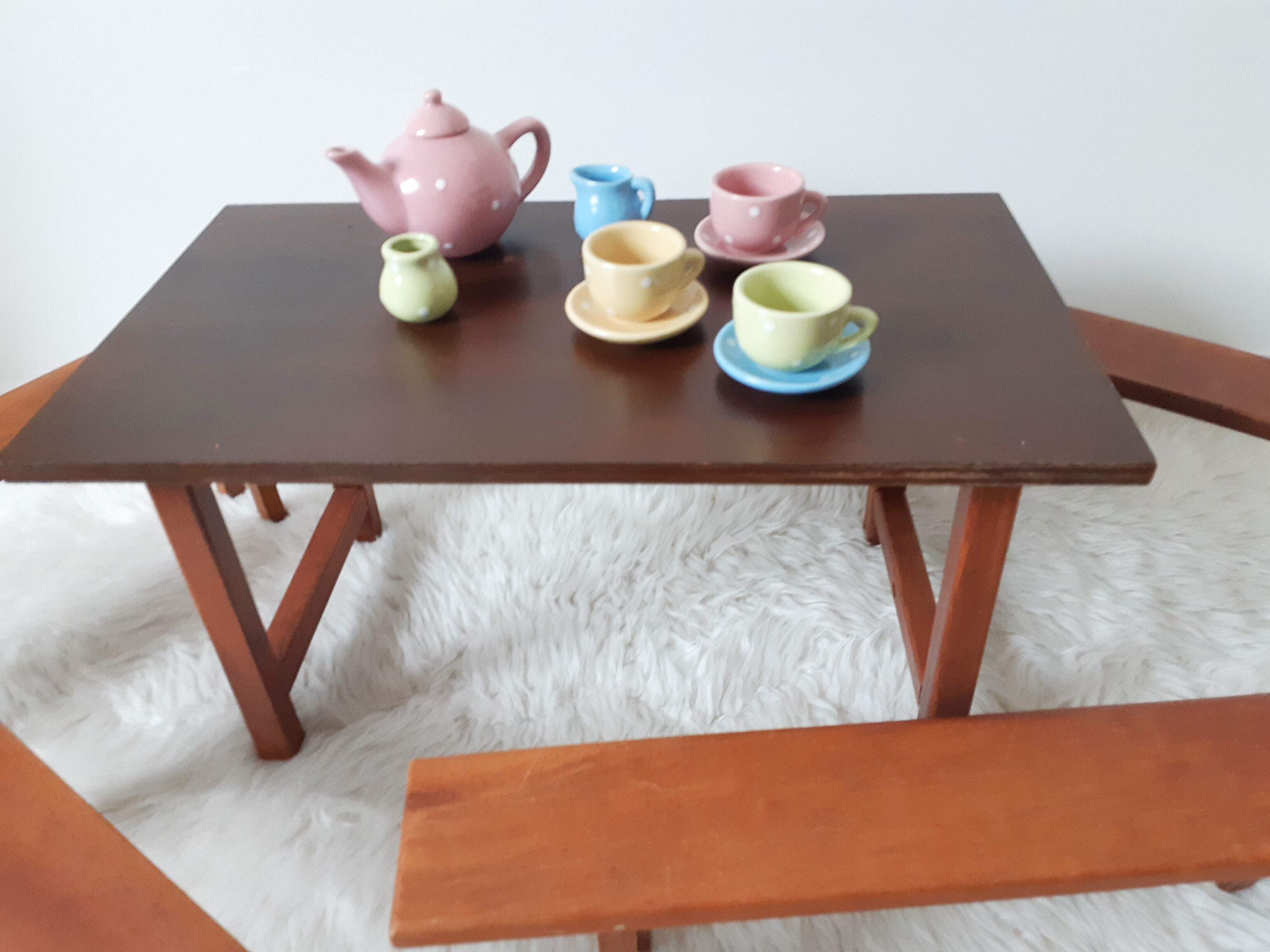 Vintage doll table and chairs, wooden, living room Dejou doll