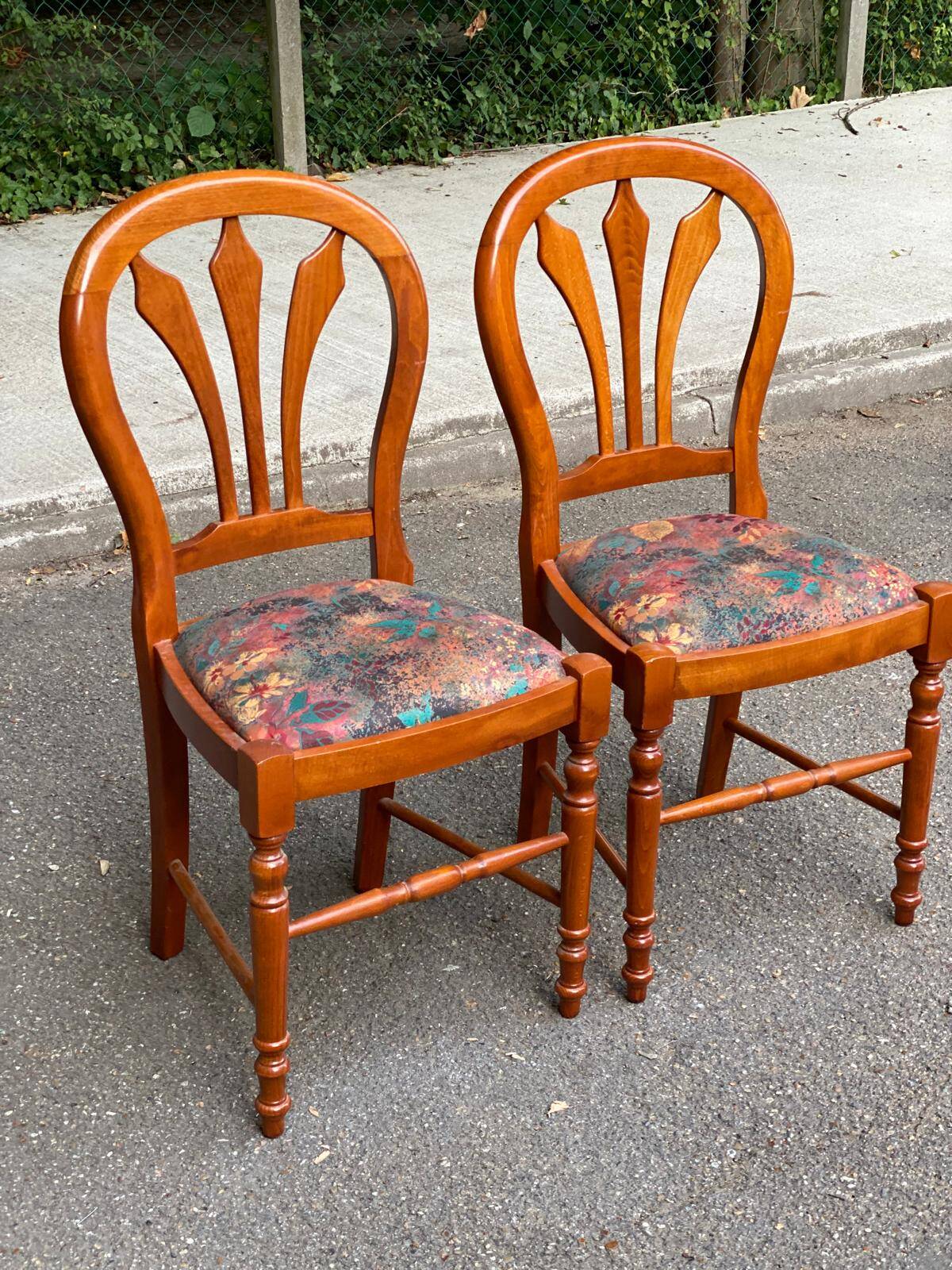 2 chaises bois massif chêne clair tissu fleurs