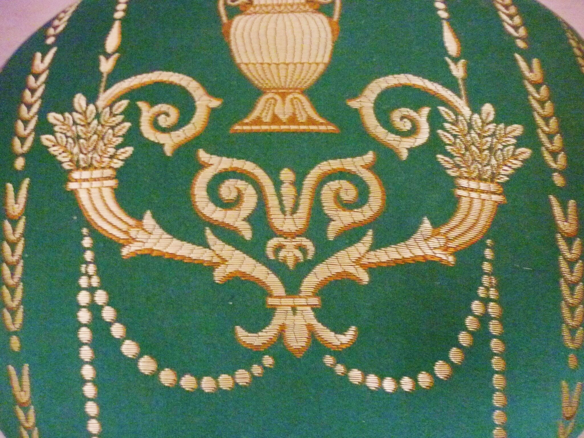 Old footrest, Napoleon 3, ball feet, antique style gilded embroidery fabric
