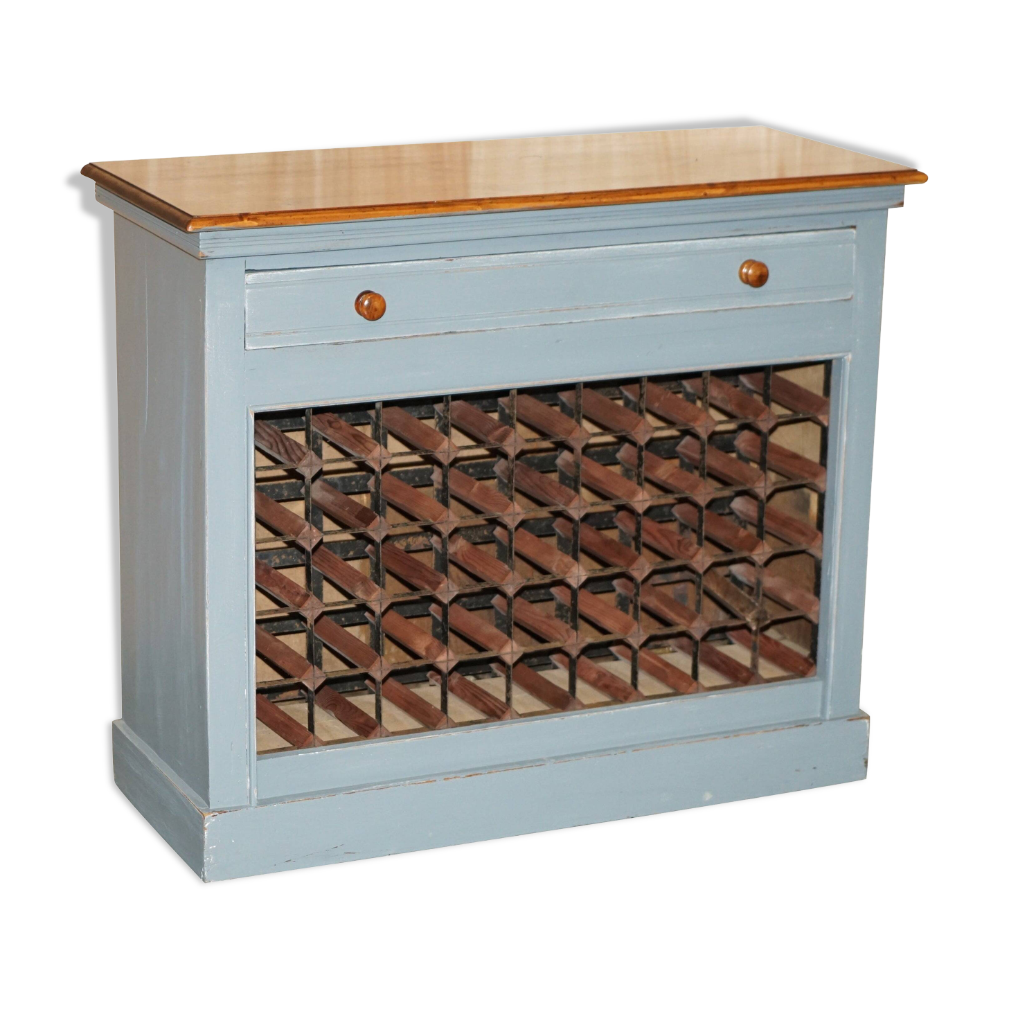 Vintage wooden furniture for 45 wine bottles with a drawer.