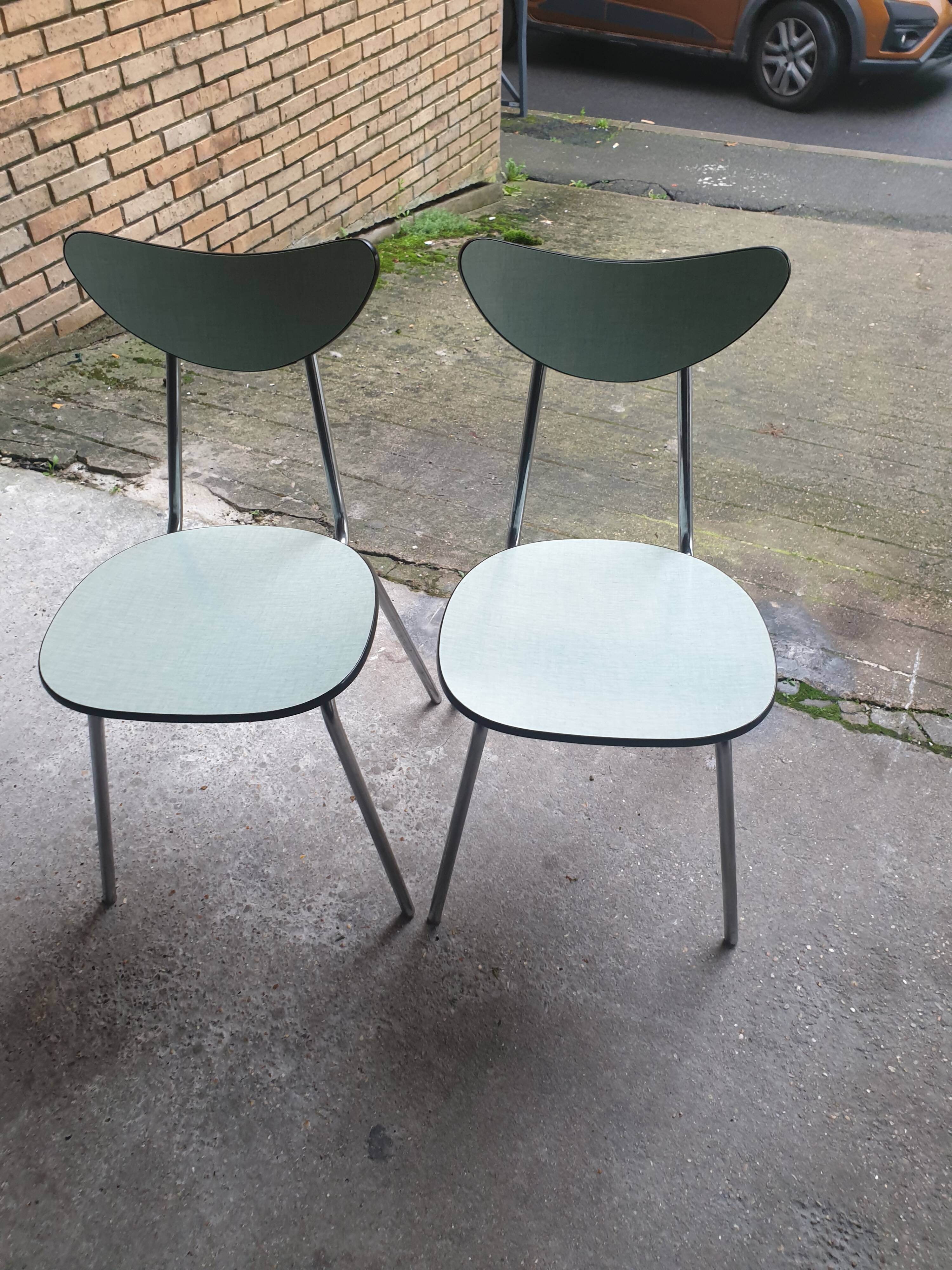 2 seventies water green formica chairs