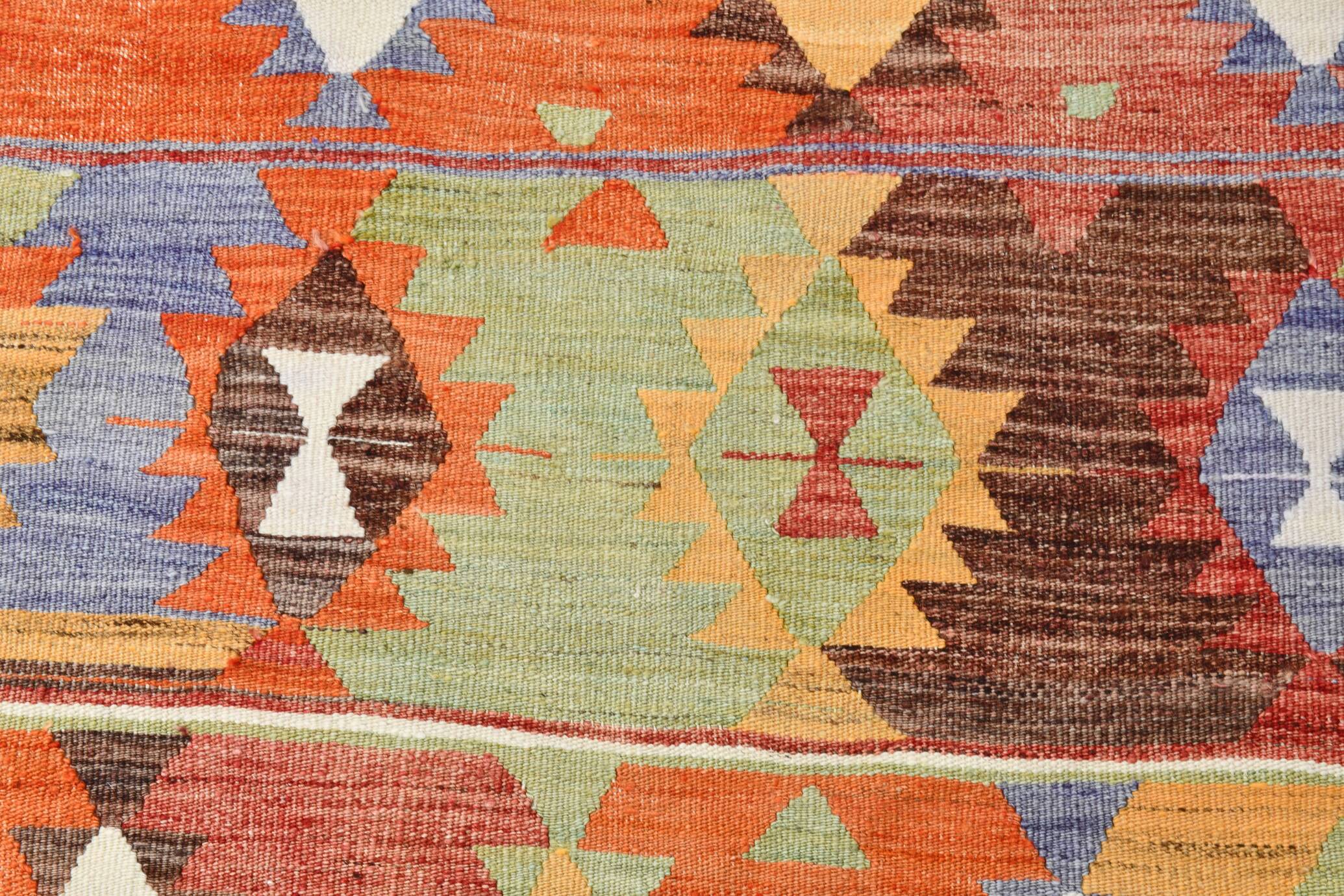 3x10 Geometric Multicolor Turkish Kilim Runner Rug,Rug For Hallway,95x295Cm