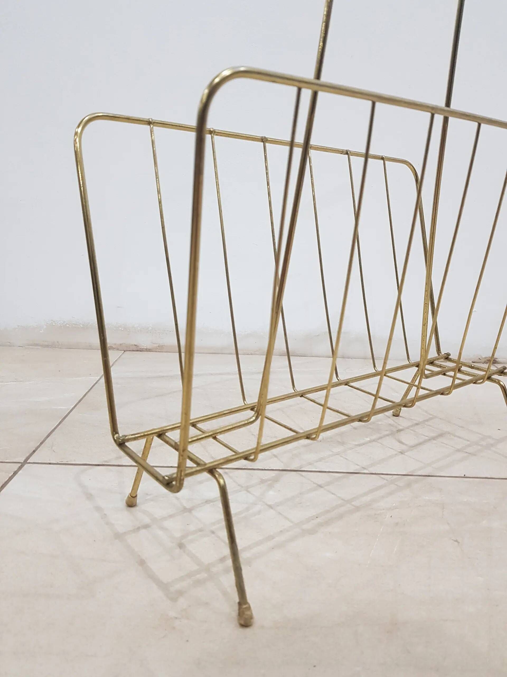 Magazine rack, gold metal, brown wood, Germany, 1970s