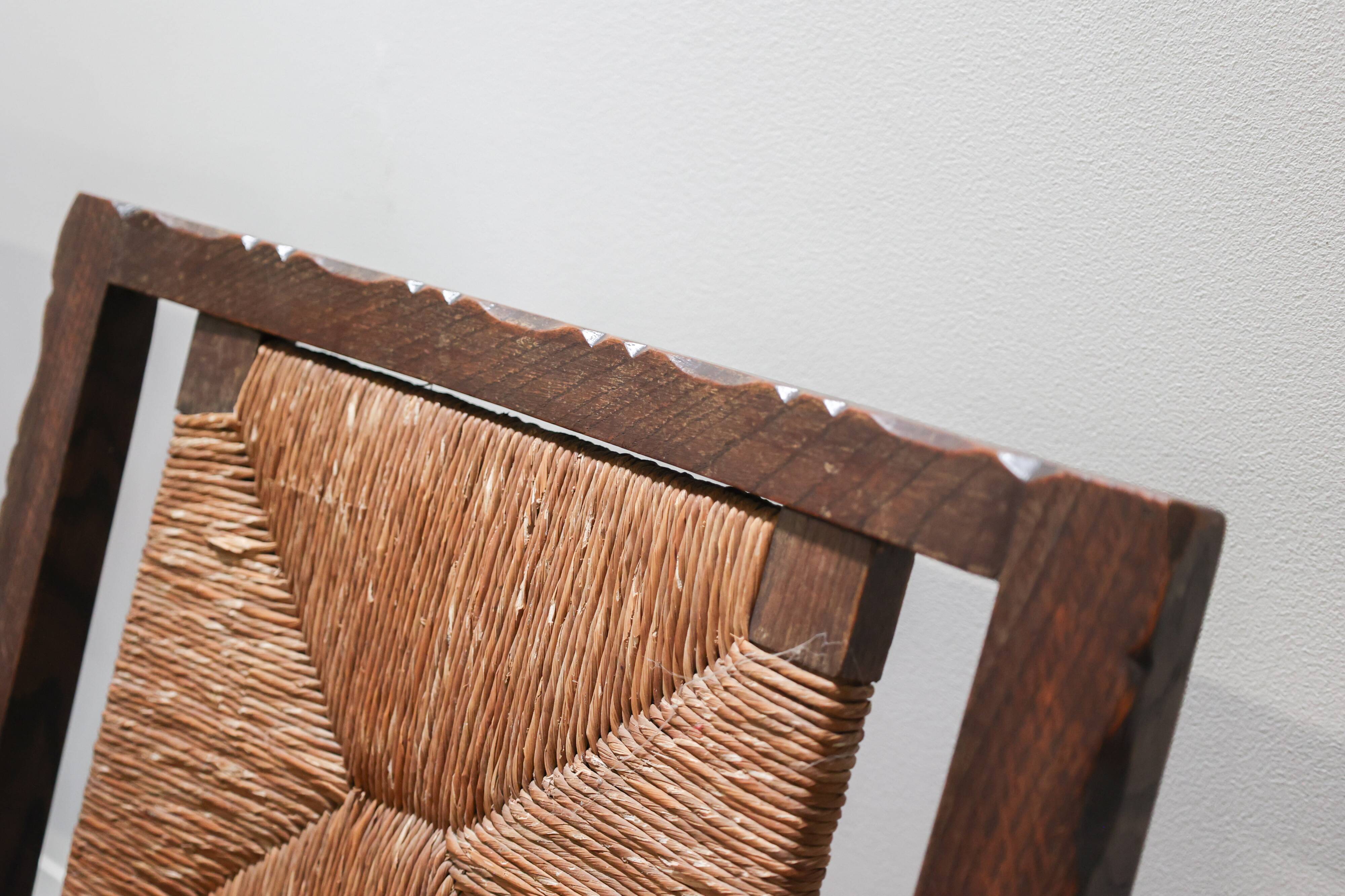 Mid-century rustic wooden armchairs with woven seat and back