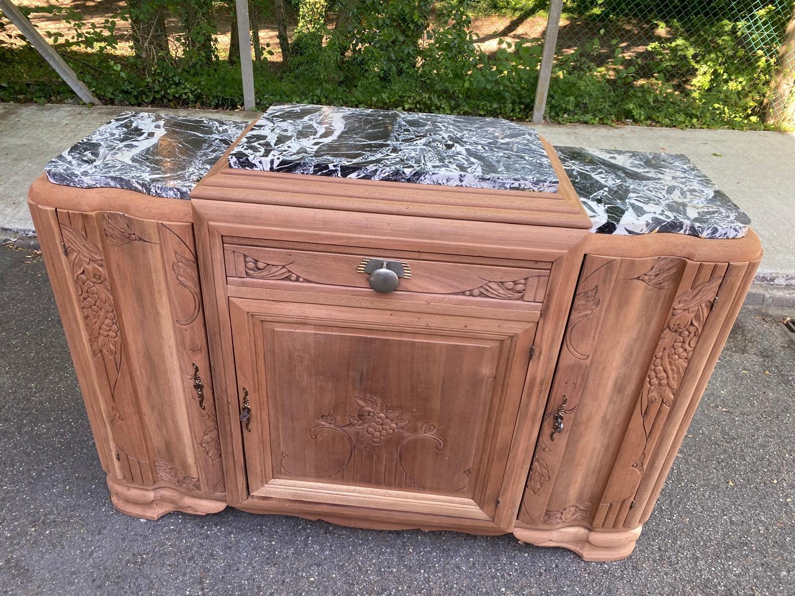 Art Deco sideboard renovated in solid walnut with Saint Laurent marble, 1930.