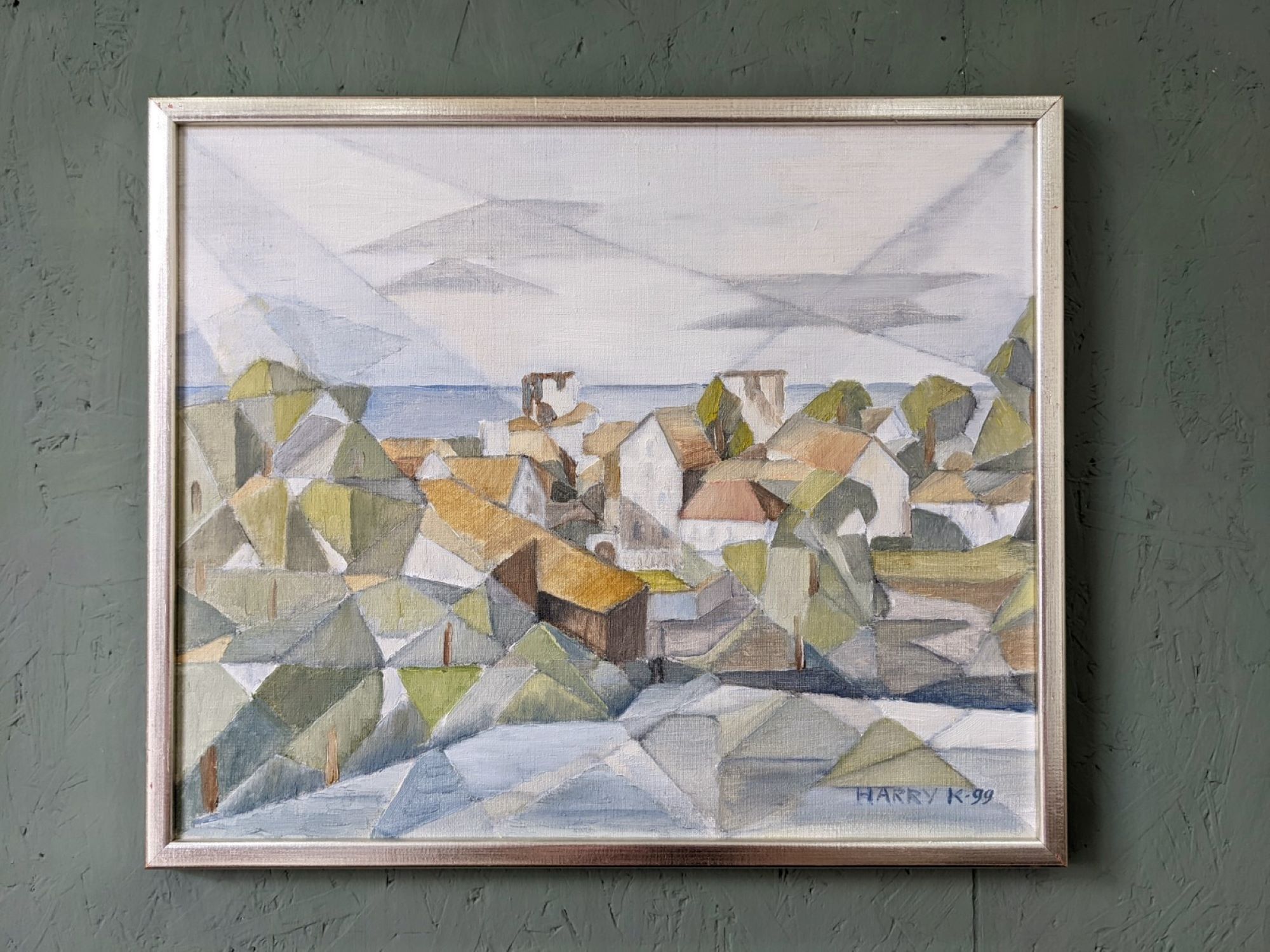 Framed Modernist Swedish Oil Painting "Cubist Coastal Town"