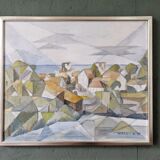 Framed Modernist Swedish Oil Painting "Cubist Coastal Town"