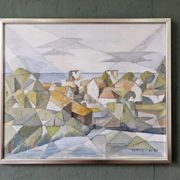Framed Modernist Swedish Oil Painting "Cubist Coastal Town"