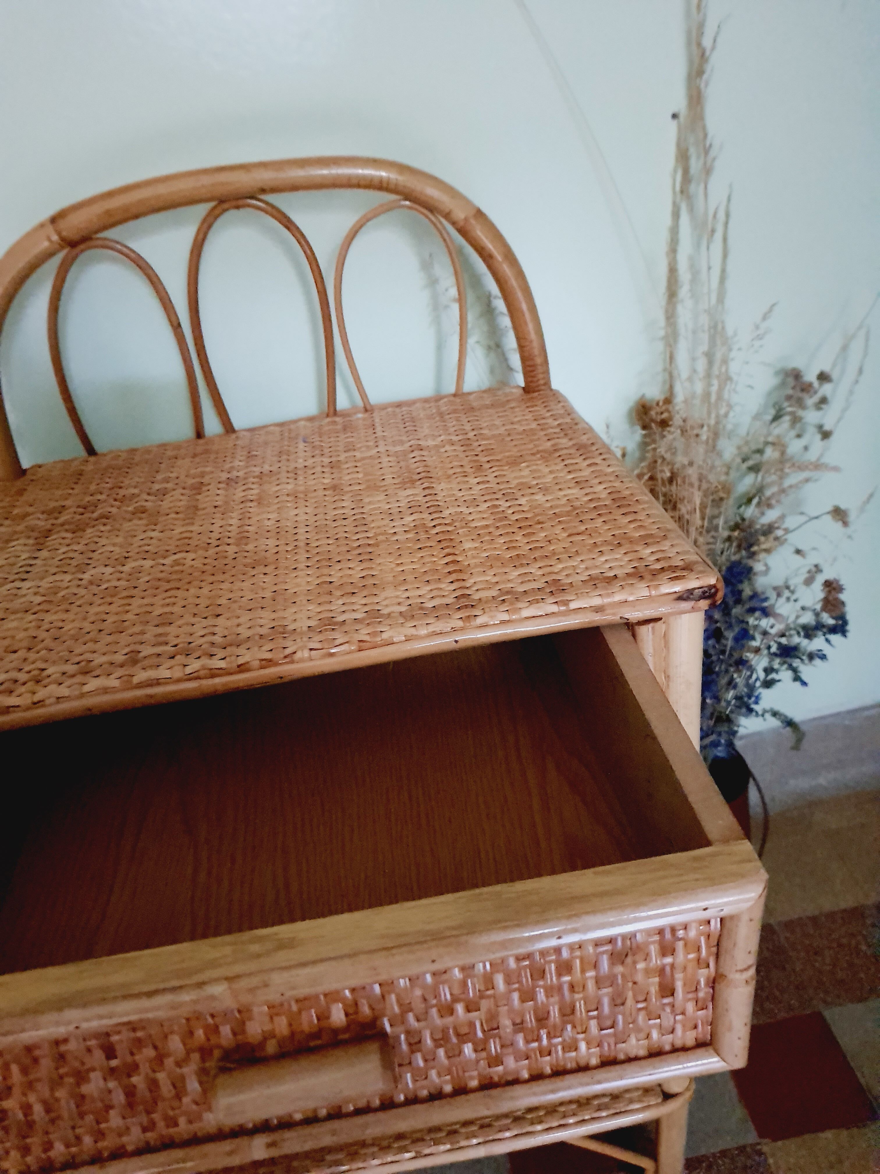 60' vintage rattan bedside table