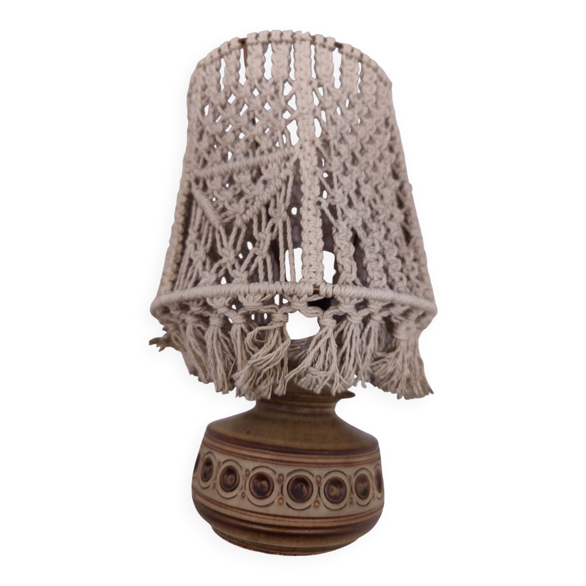 Vintage 70s Jersey Pottery ceramic lamp with macrame shade