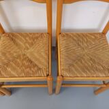 Set of 4 vintage brutalist chairs in light wood and straw from the 70s
