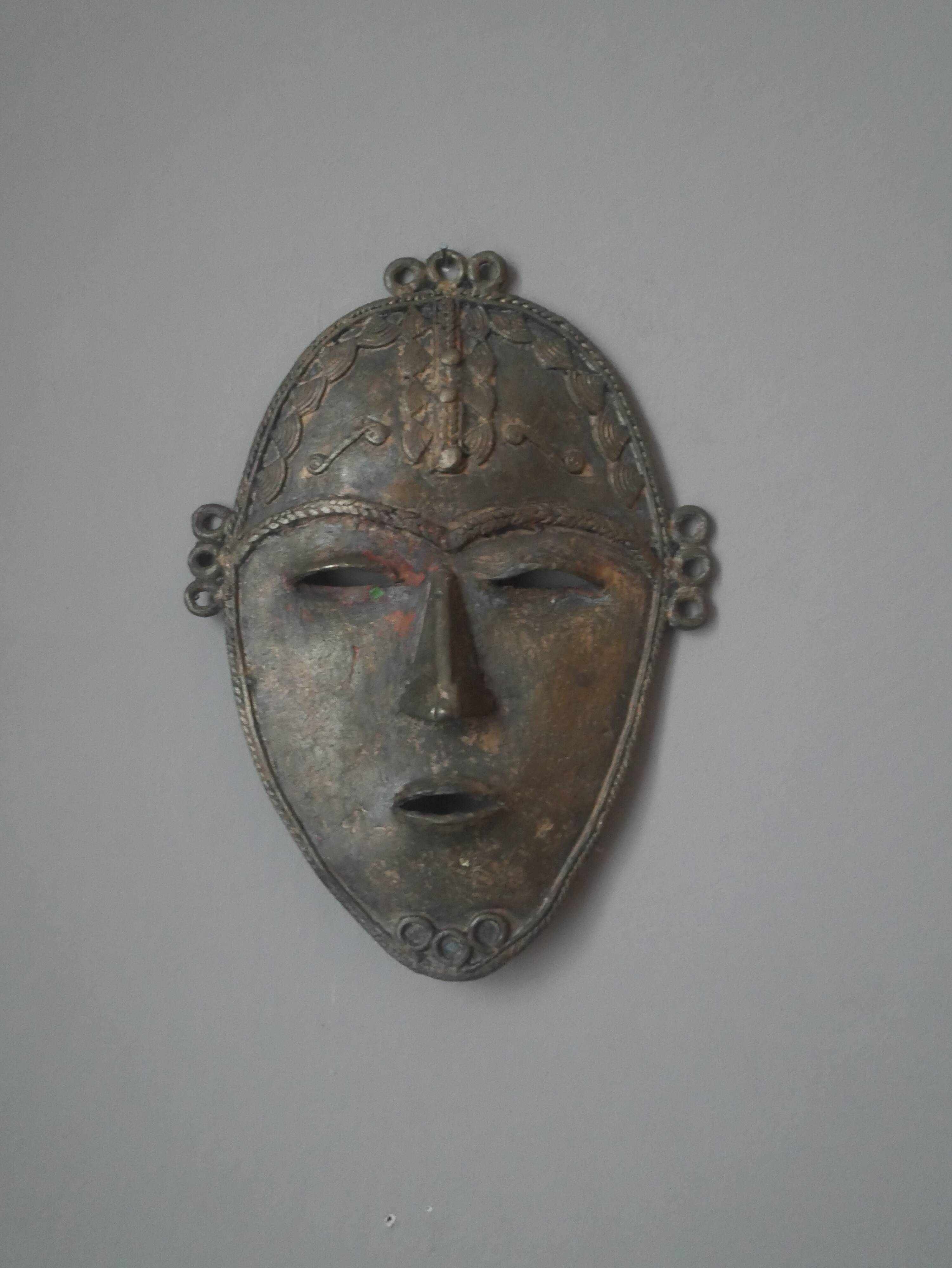 Wall mask sculpture African art brass vintage ethnic tribal handcrafted