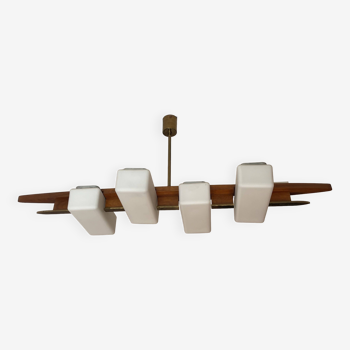 Lustre scandinave, laiton, bois précieux , 4 feux, navette 102 x 35 x 9 cm